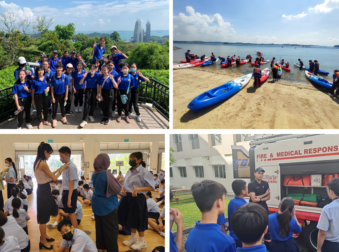 NV students pose for a group photo outdoors, kayaking on a beach, indoor activity, and a fire and medical response vehicle.