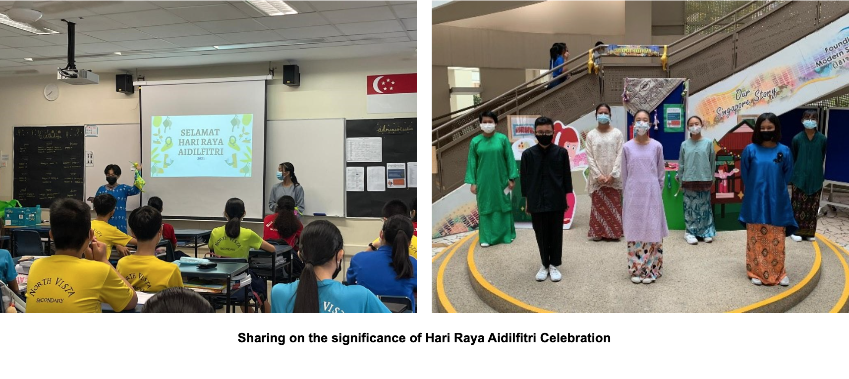 NV students in traditional Malay attire pose indoors, while a classroom presentation displays Selamat Hari Raya Aidilfitri on screen.
