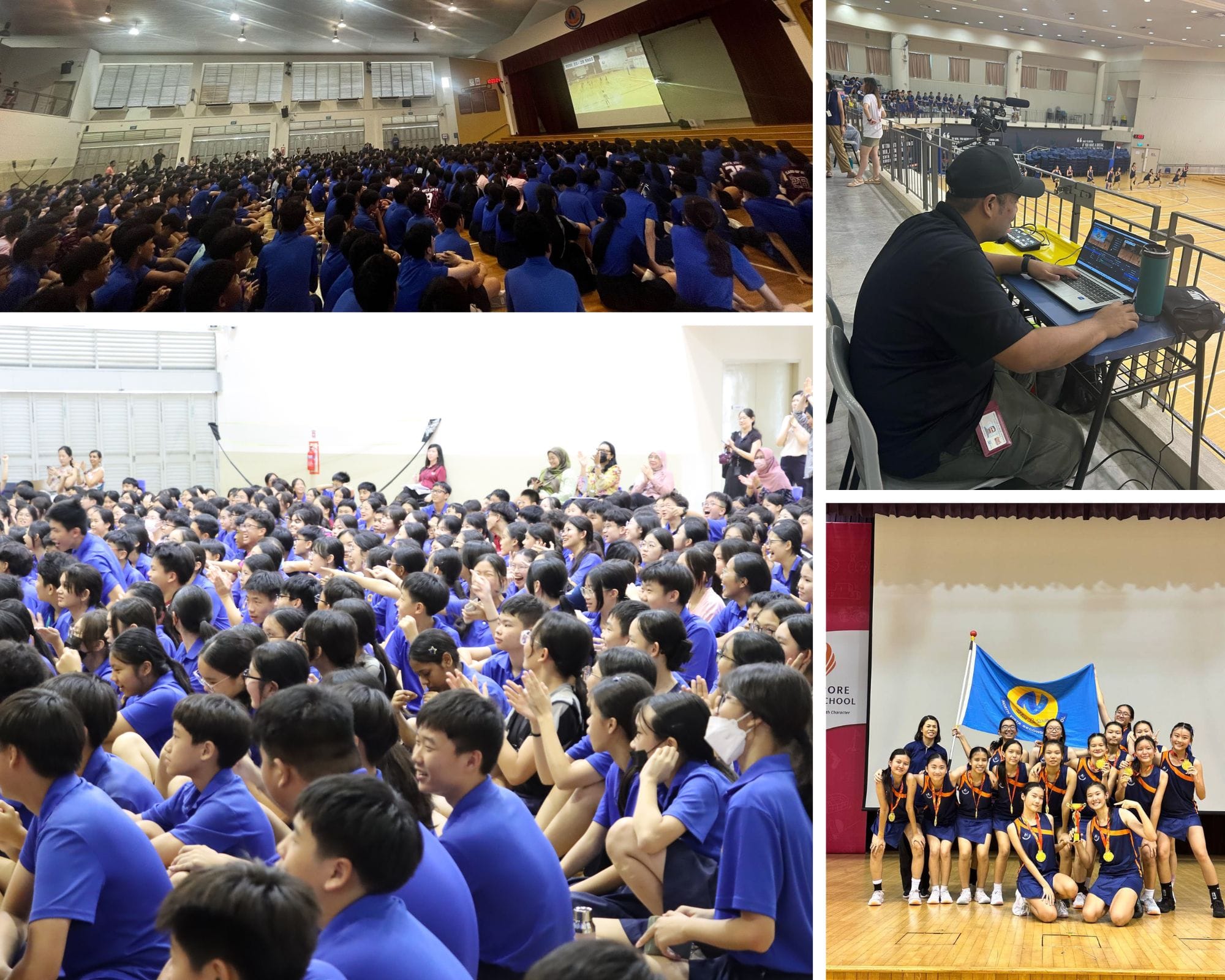 NV netball girls in blue uniforms fill a school hall, a NV staff operates a laptop, and a sports team poses with a flag and medals.