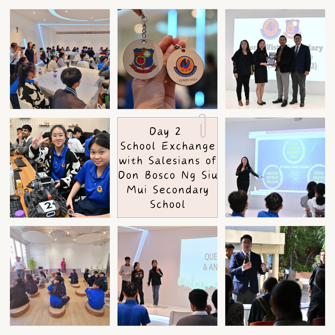 Collage of Day 2 school exchange event with students and teachers presenting, gathered, and holding a keychain souvenir.