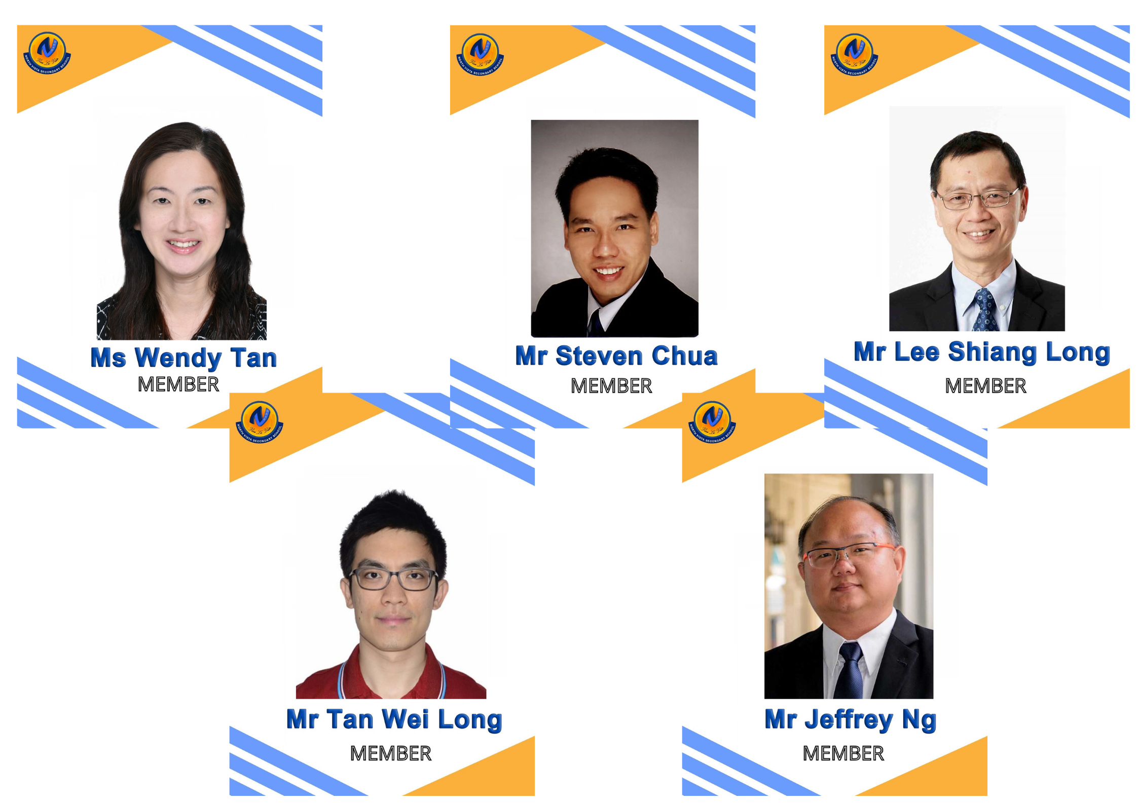 Five member profile cards showing Ms Wendy Tan, Mr Steven Chua, Mr Lee Shiang Long, Mr Tan Wei Long, and Mr Jeffrey Ng.