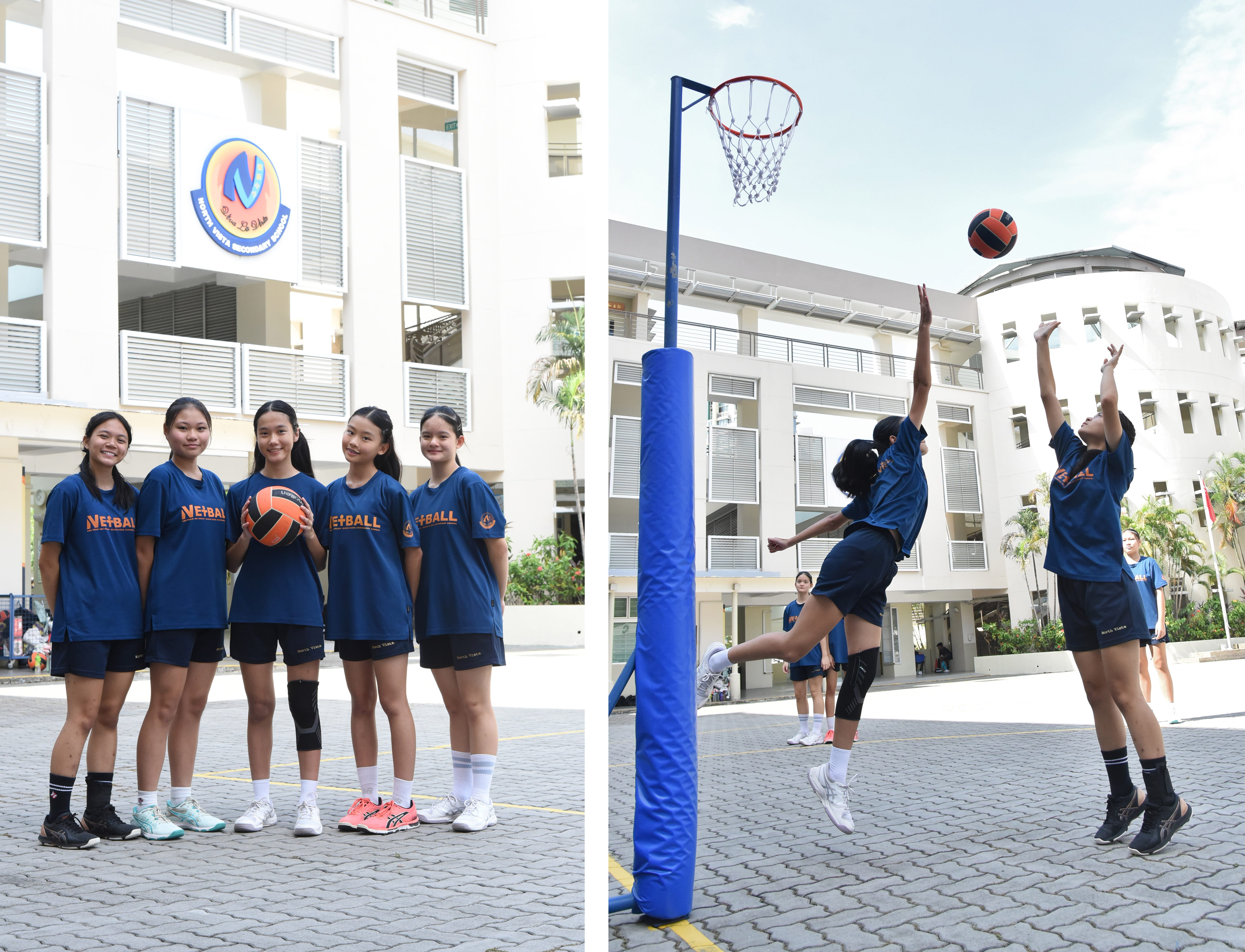 NV Netball players posing and practice session in school's parade square.