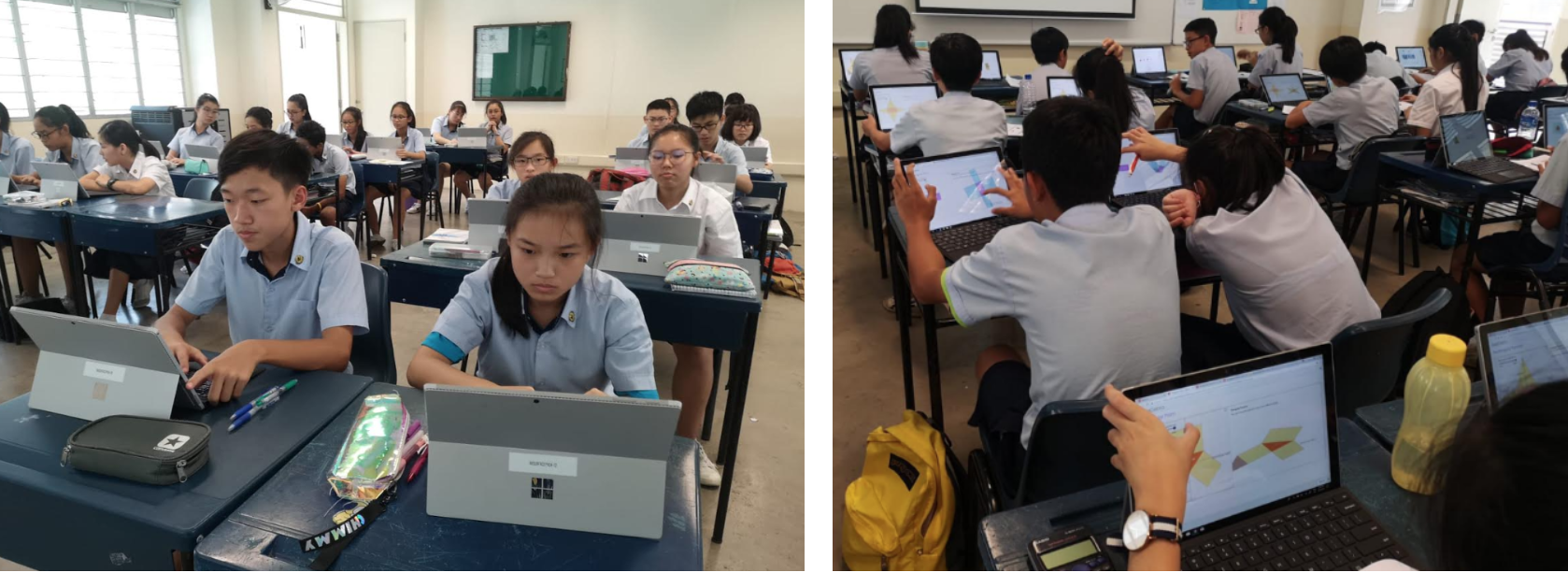 NV students using laptops and tablets in two classroom settings during Math lessons