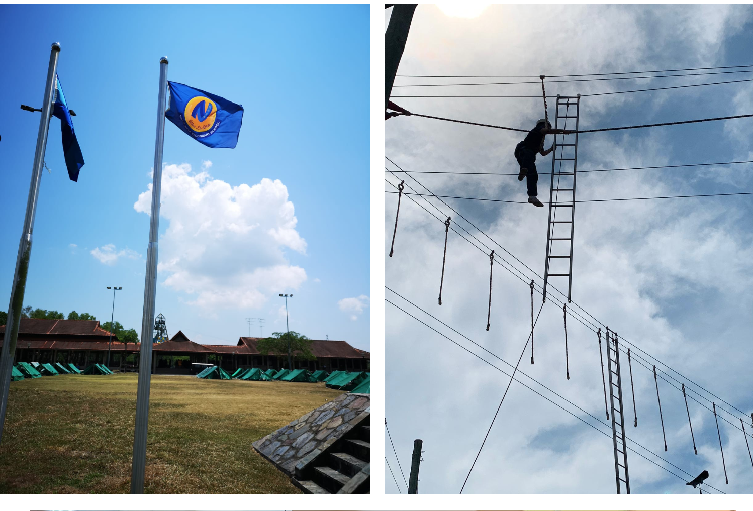 NV flag at a camp ground, and a student climbing a high aerial ladder on a ropes course.