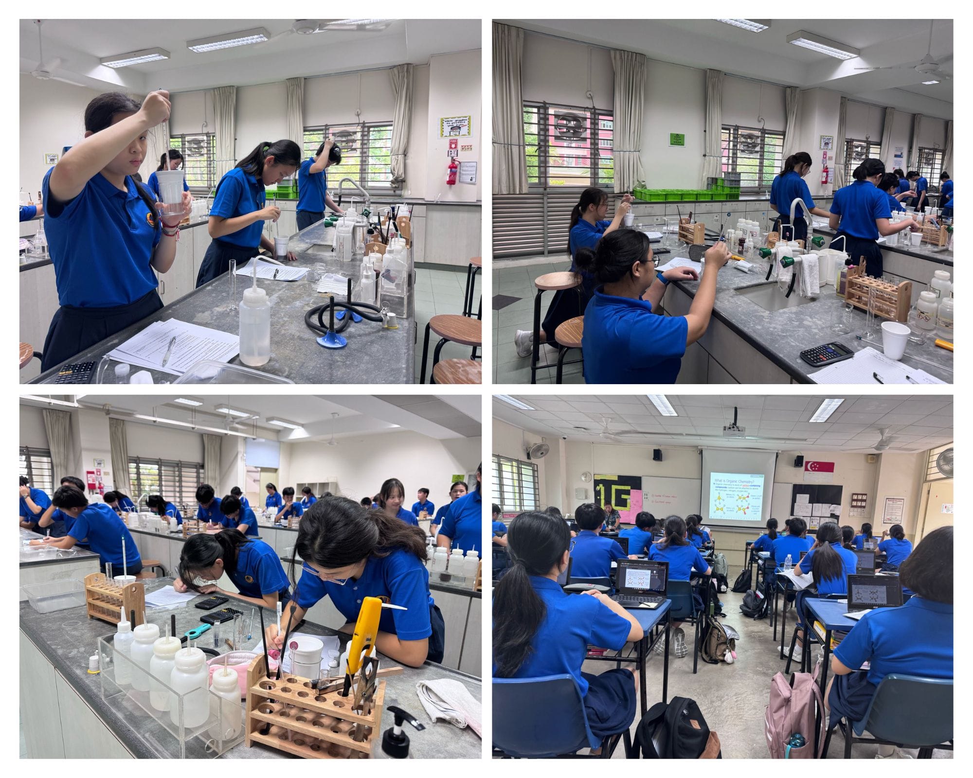 Four photos of students in blue uniforms doing science lab experiments and attending a classroom lesson with a projected presentation.