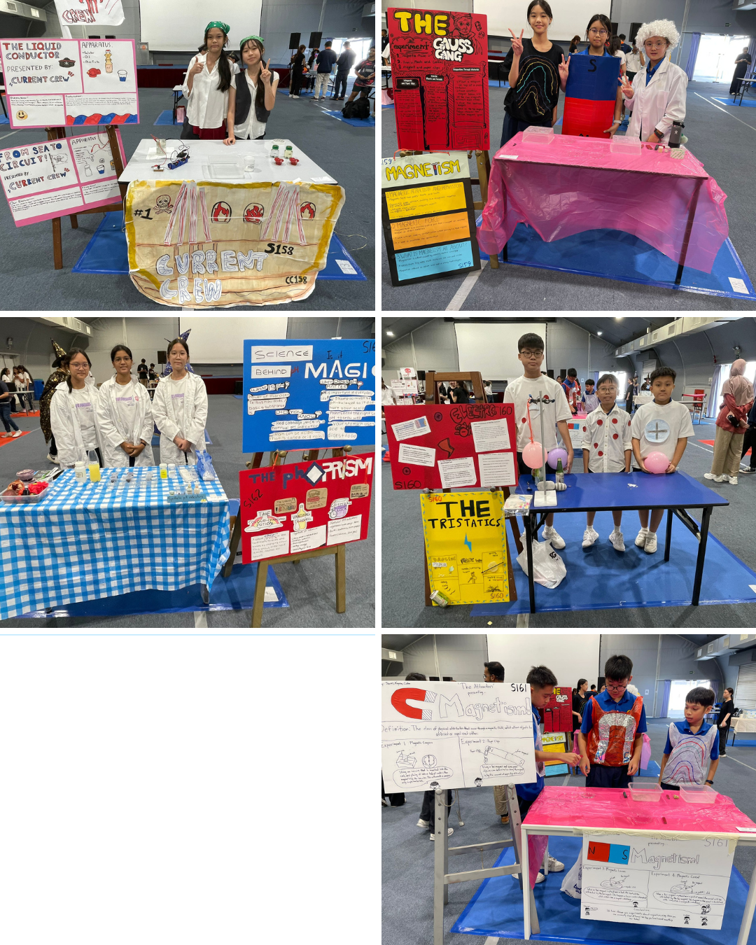 Students stand beside colorful science fair project boards on topics like magnetism, current, and magic at an indoor fair.