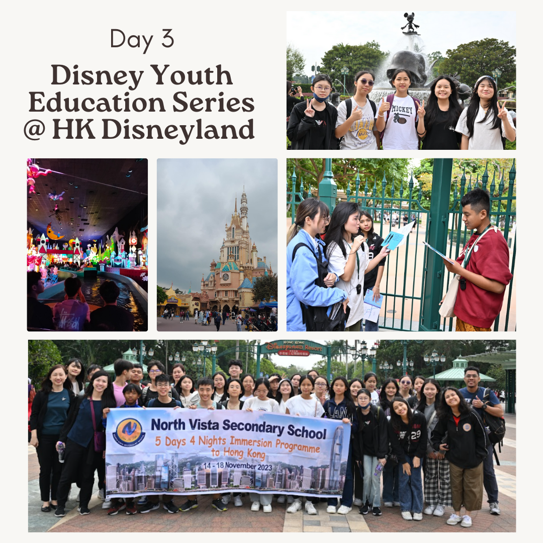 Collage of North Vista Secondary School students at Hong Kong Disneyland on Day 3 of a November 2023 trip.