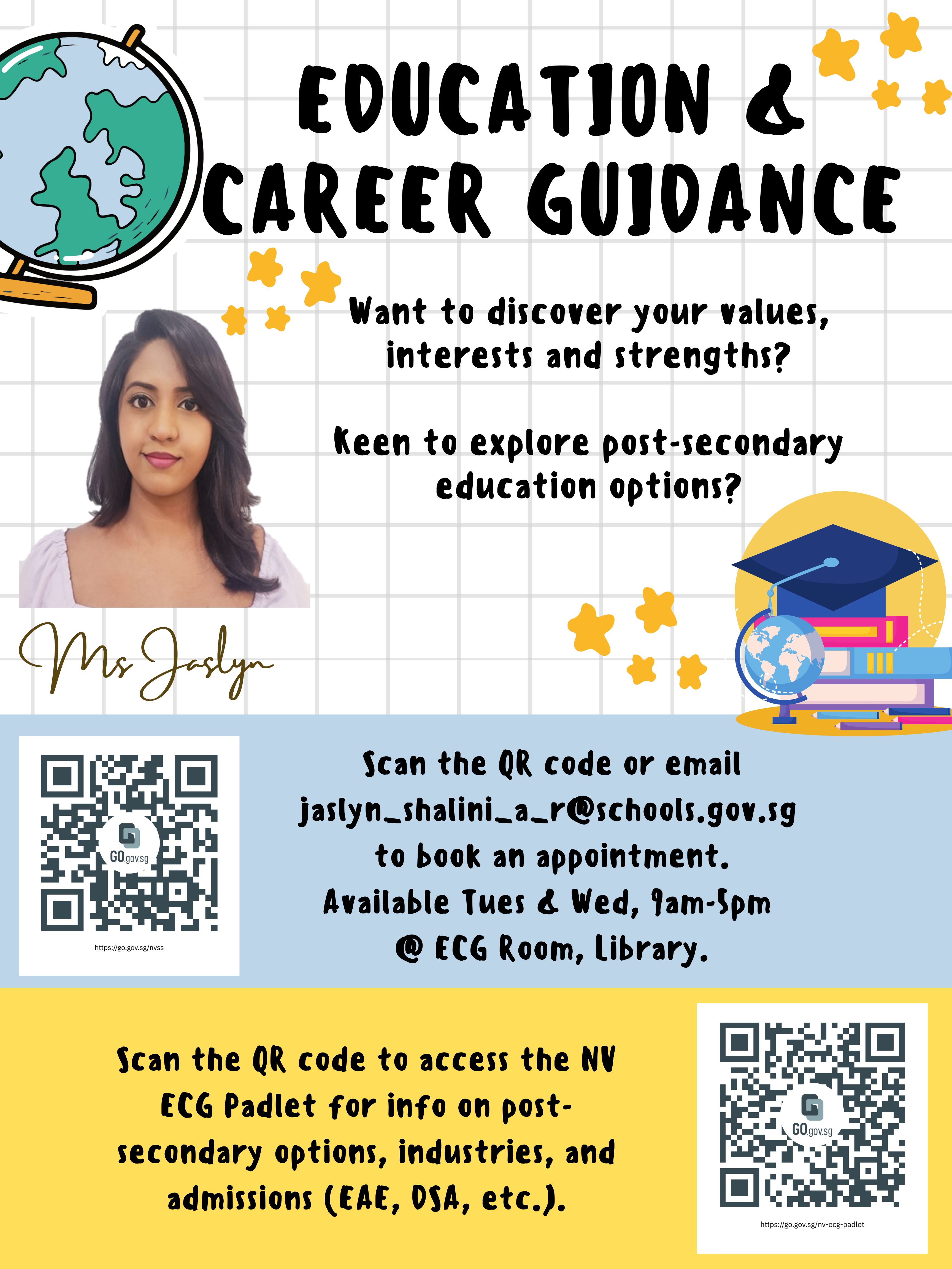 Flyer for Education and Career Guidance by Ms Jaslyn, with QR codes, contact email, and appointment details.