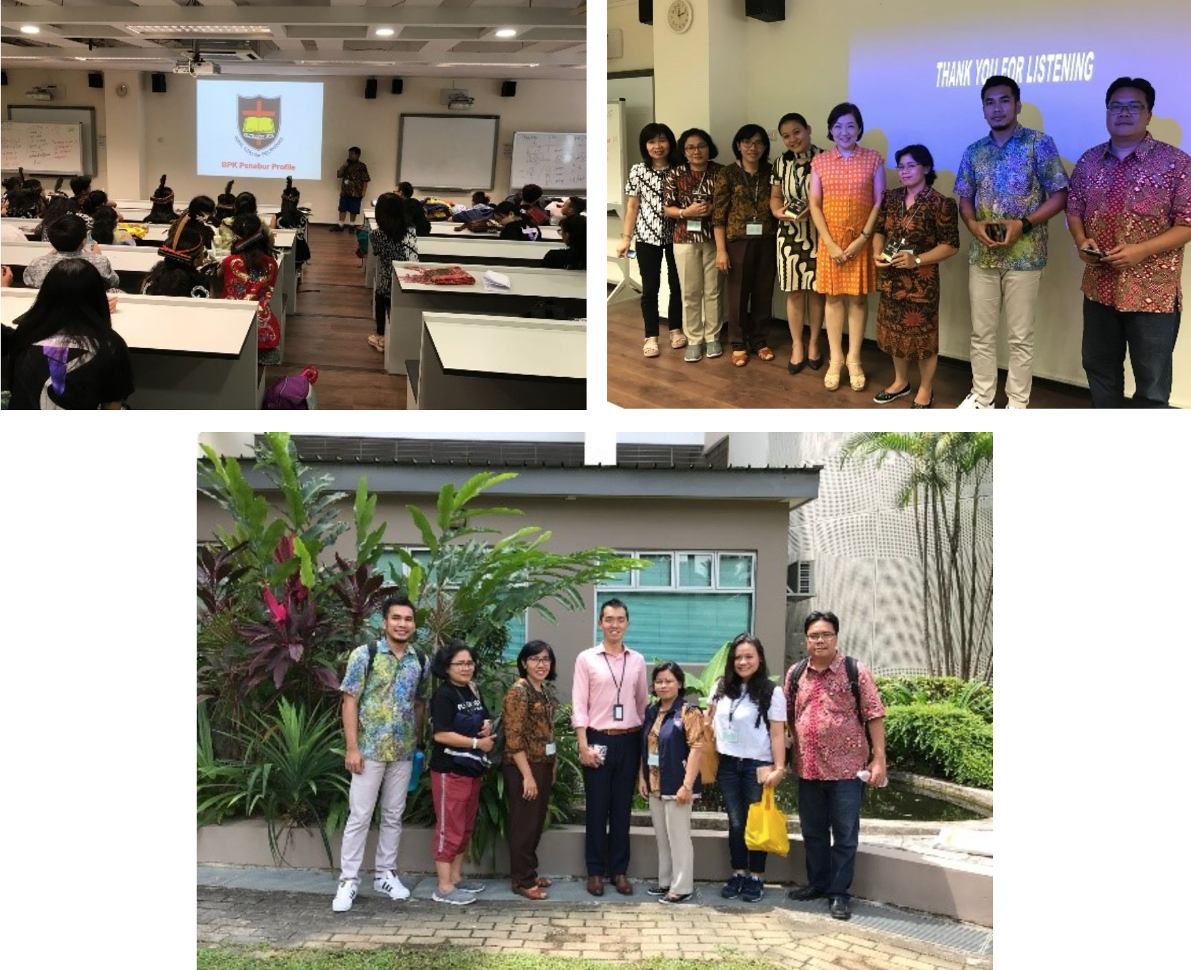 Three scenes: a classroom presentation, a group posing by a "Thank You For Listening" slide, and seven people outdoors.
