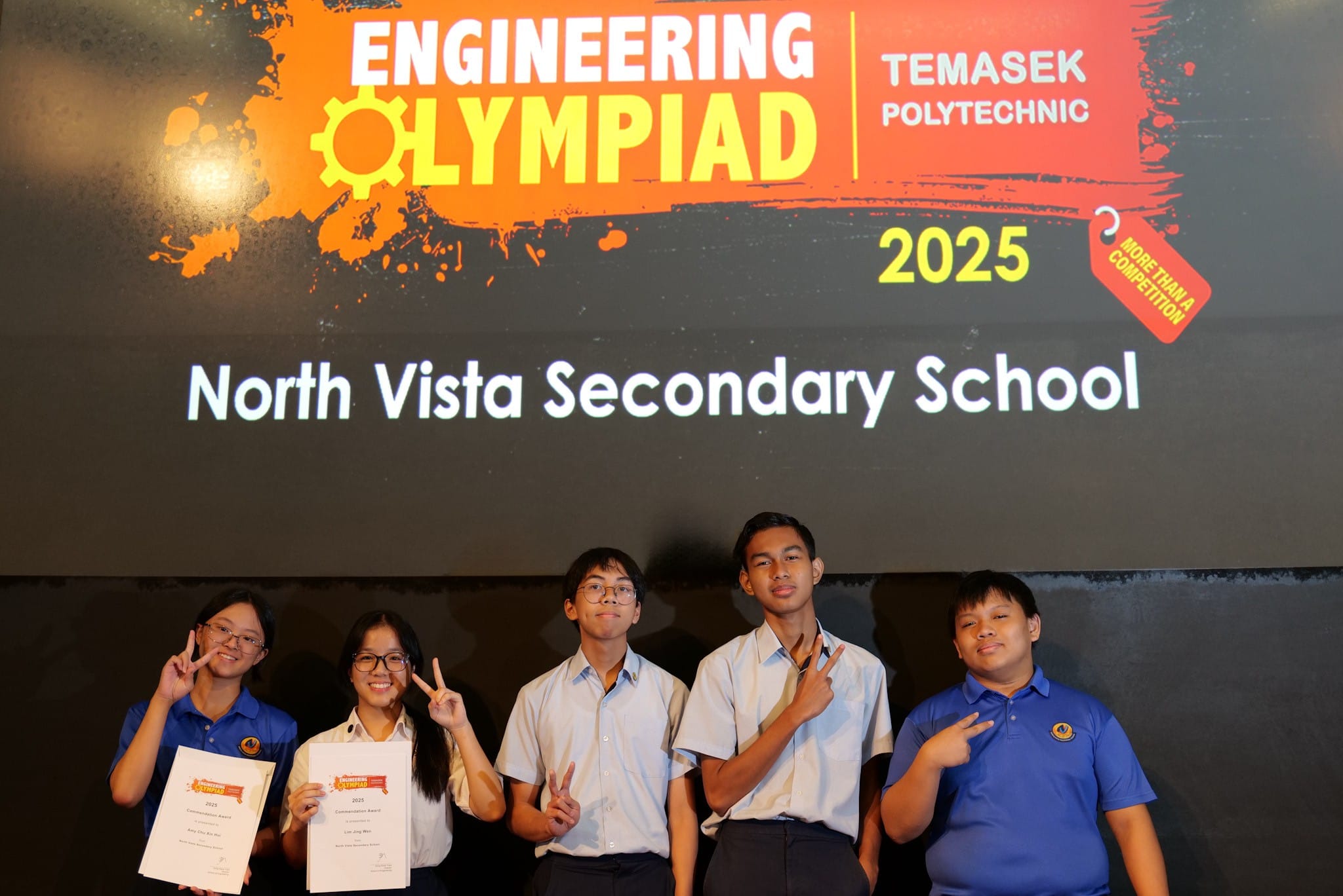 Five students from North Vista Secondary School pose with certificates in front of an Engineering Olympiad 2025 Temasek Polytechnic banner.