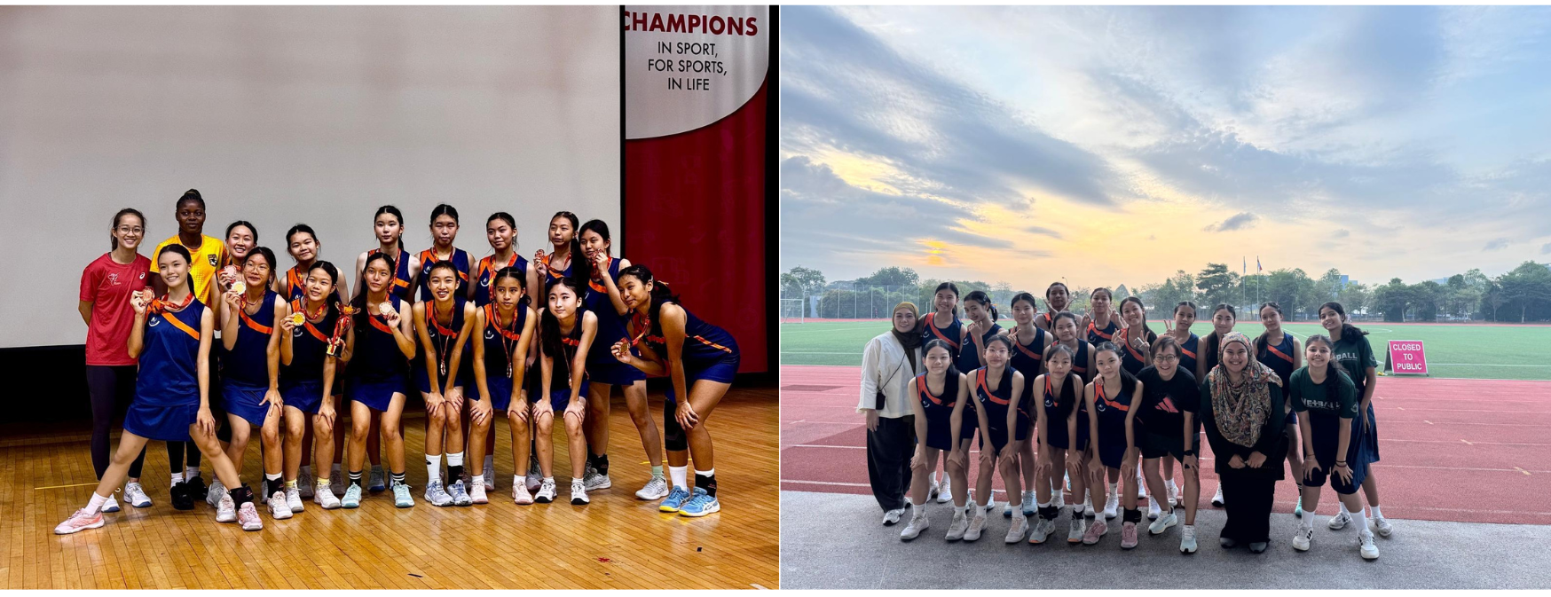 NV netball girls , one indoors holding medals, one outdoors on a track at sunset.
