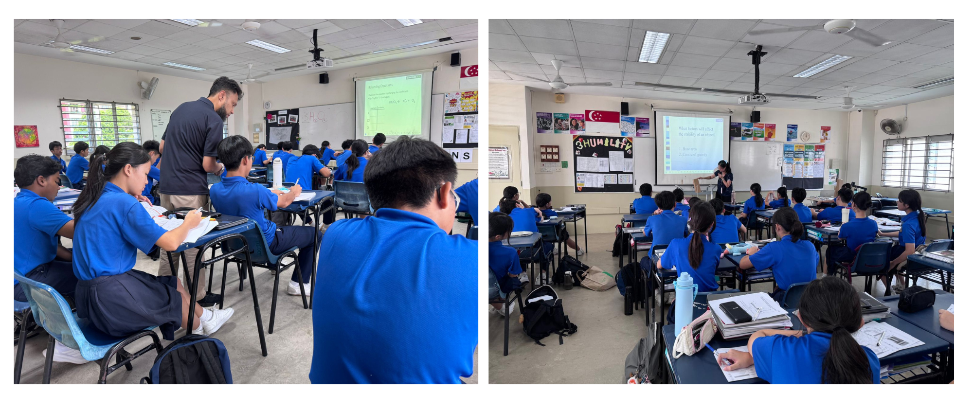Two classroom scenes with students in blue uniforms sitting at desks while teachers instruct using projected slides.