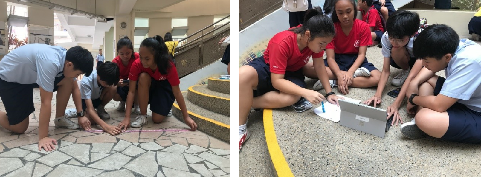 Students in school uniforms measure the floor with a tape measure, while another group uses a tablet on the ground.