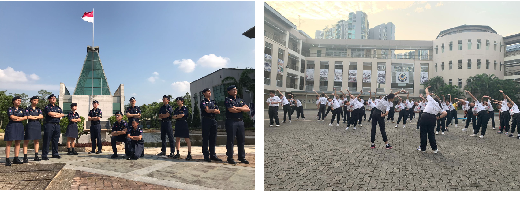 NV NPCC cadets in uniforms stand near a Singapore flag; separately, students in white shirts stretch outdoors at a school's parade square.