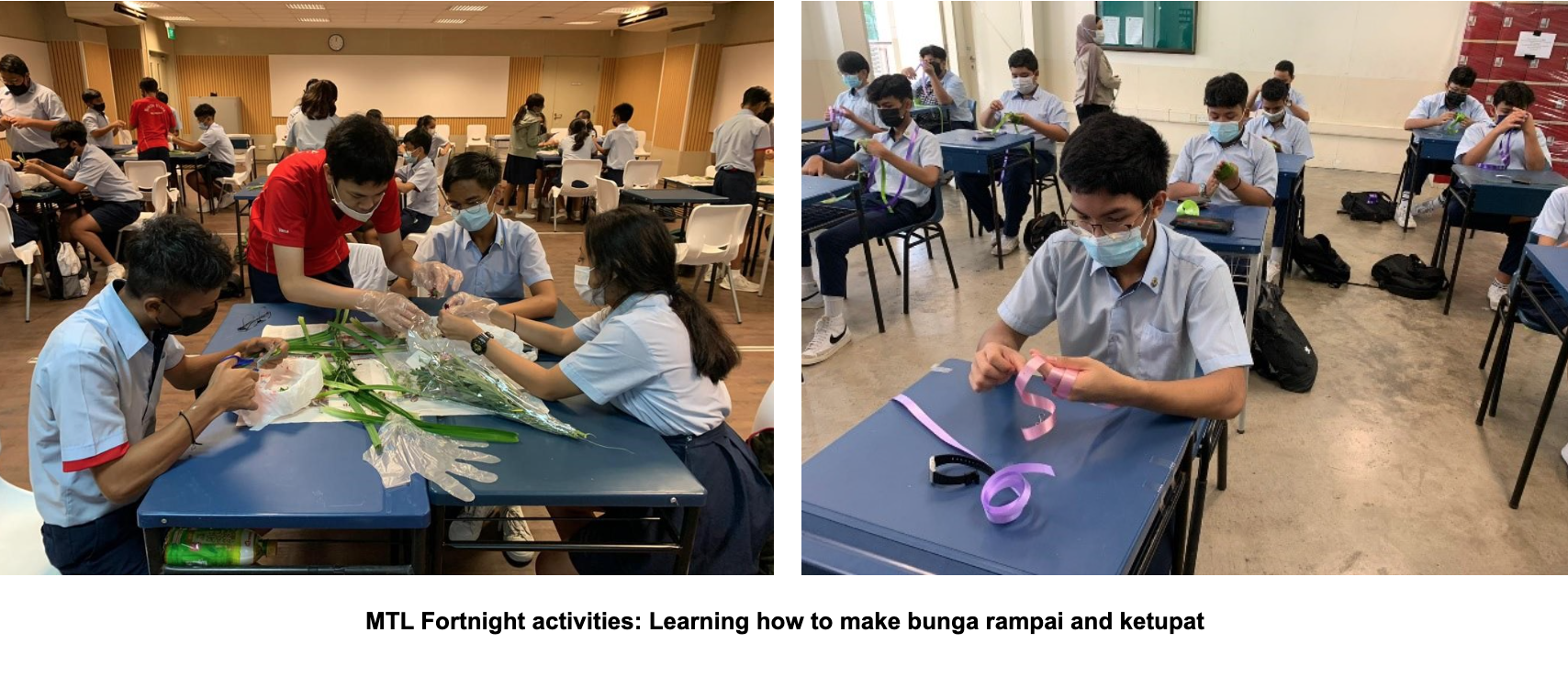 NV students make bunga rampai with leaves and ketupat with ribbon strips in classrooms.