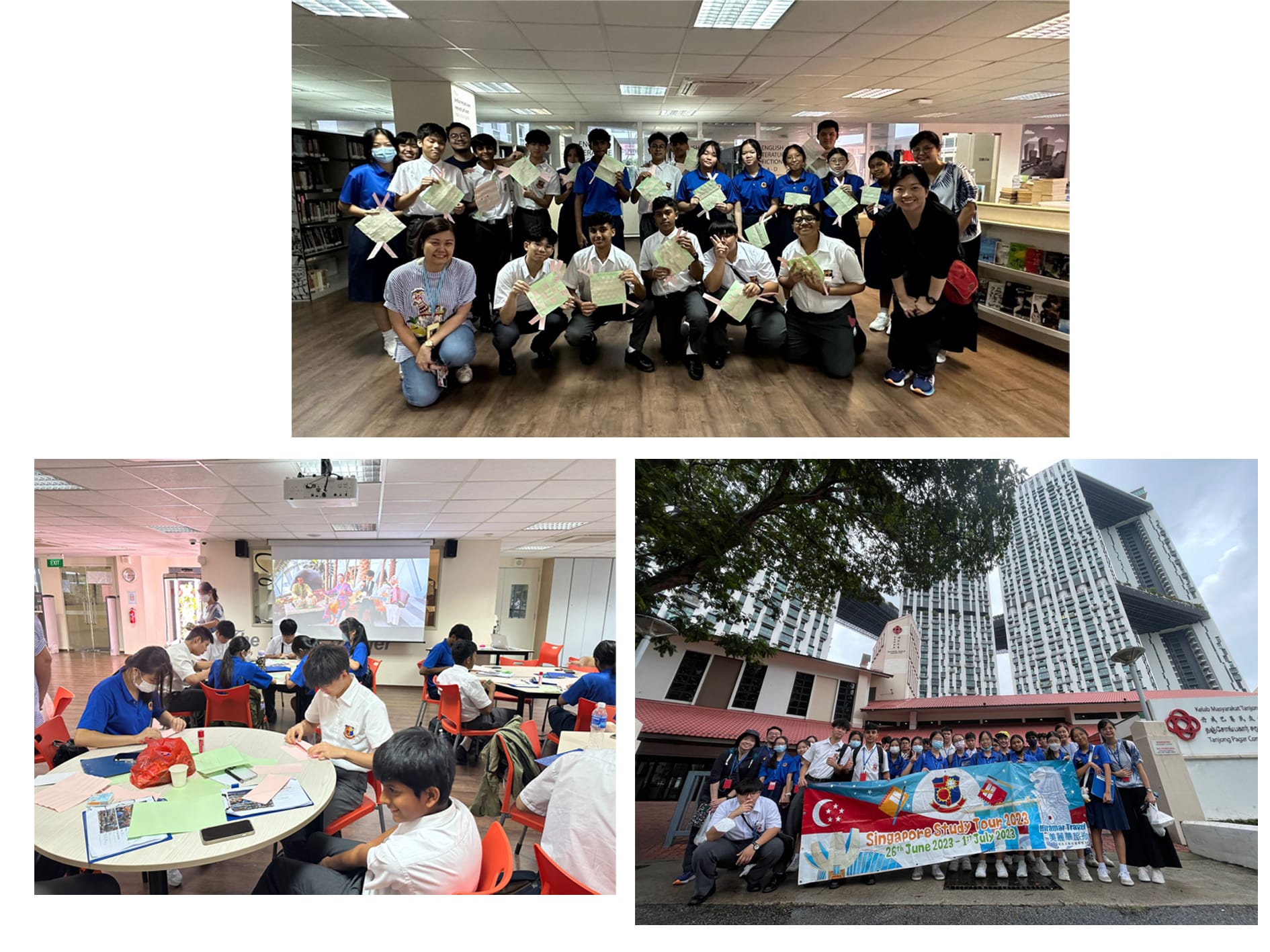 Three photos of students on a Singapore Study Tour 2023, showing group poses, classroom activities, and a building visit.