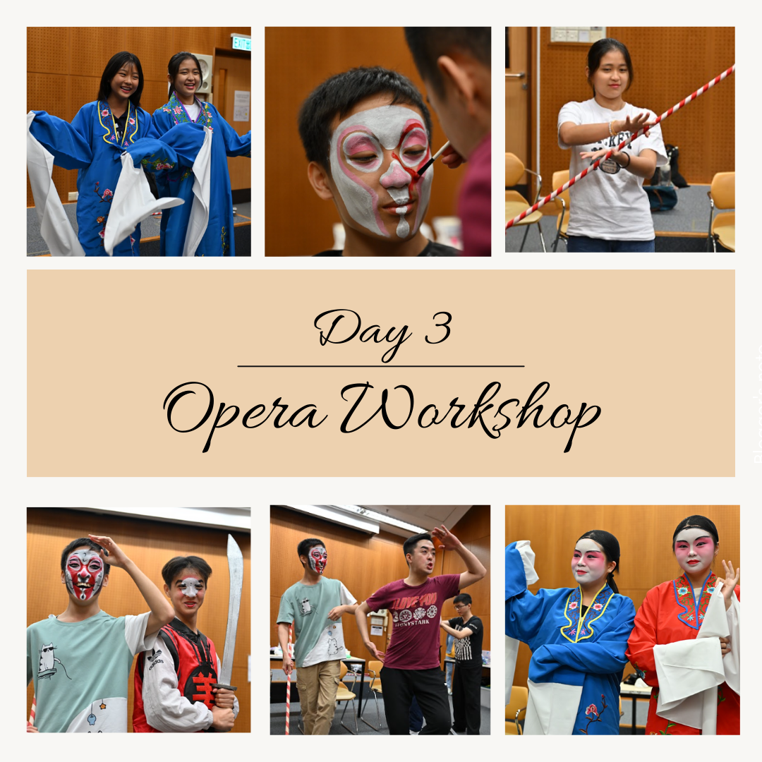  Six photos from Day 3 of an Opera Workshop showing students in costumes, face paint, and practicing with props.