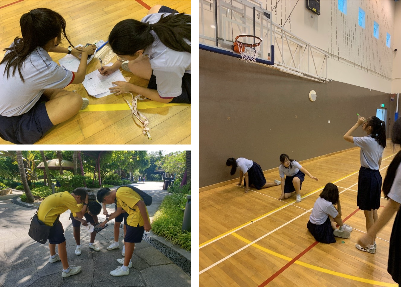 Three scenes of school students in uniforms doing hands-on activities indoors on a gym floor and outdoors in a park.