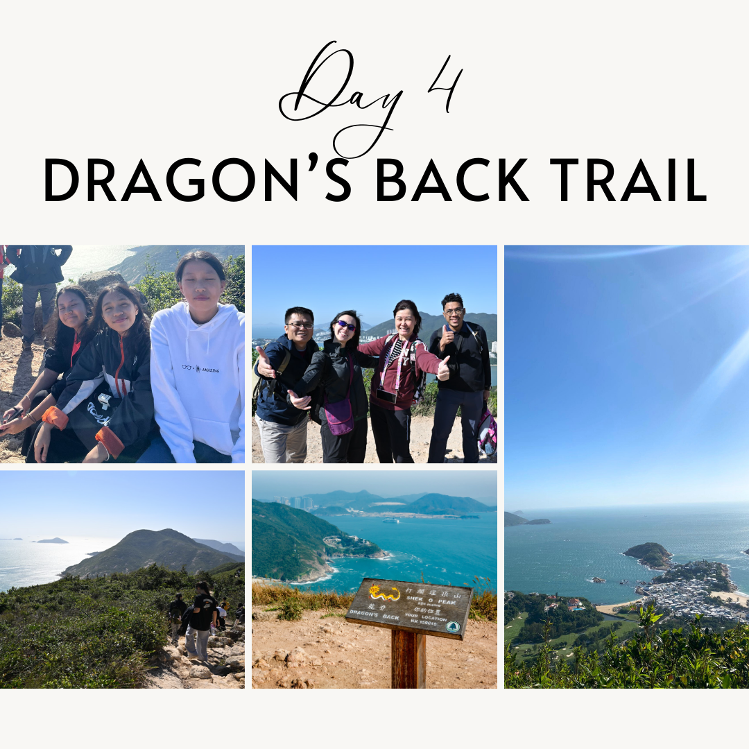 Six-photo collage titled Day 4 Dragon's Back Trail showing hikers posing, a trail sign, and coastal views.