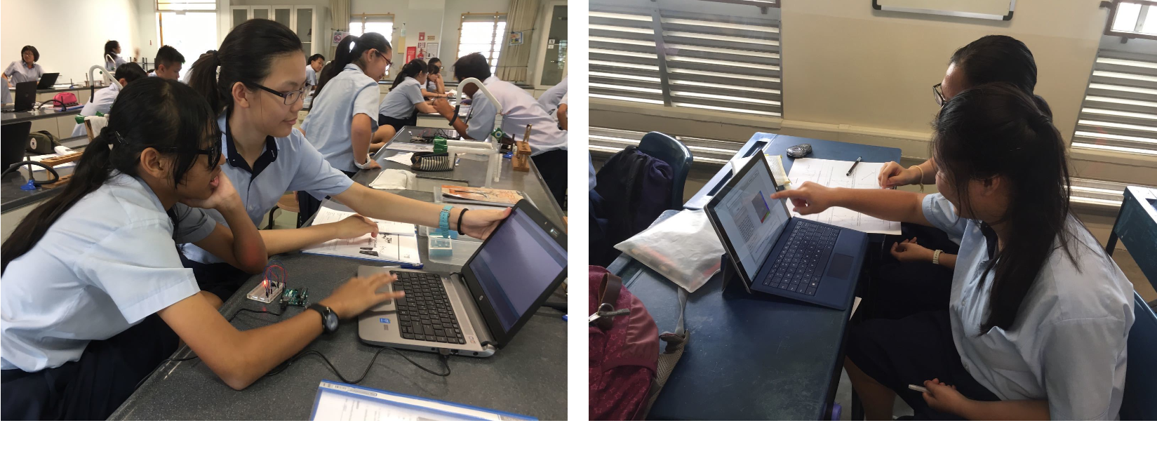 NV students work on laptops at lab desks, with electronics components visible on the left.