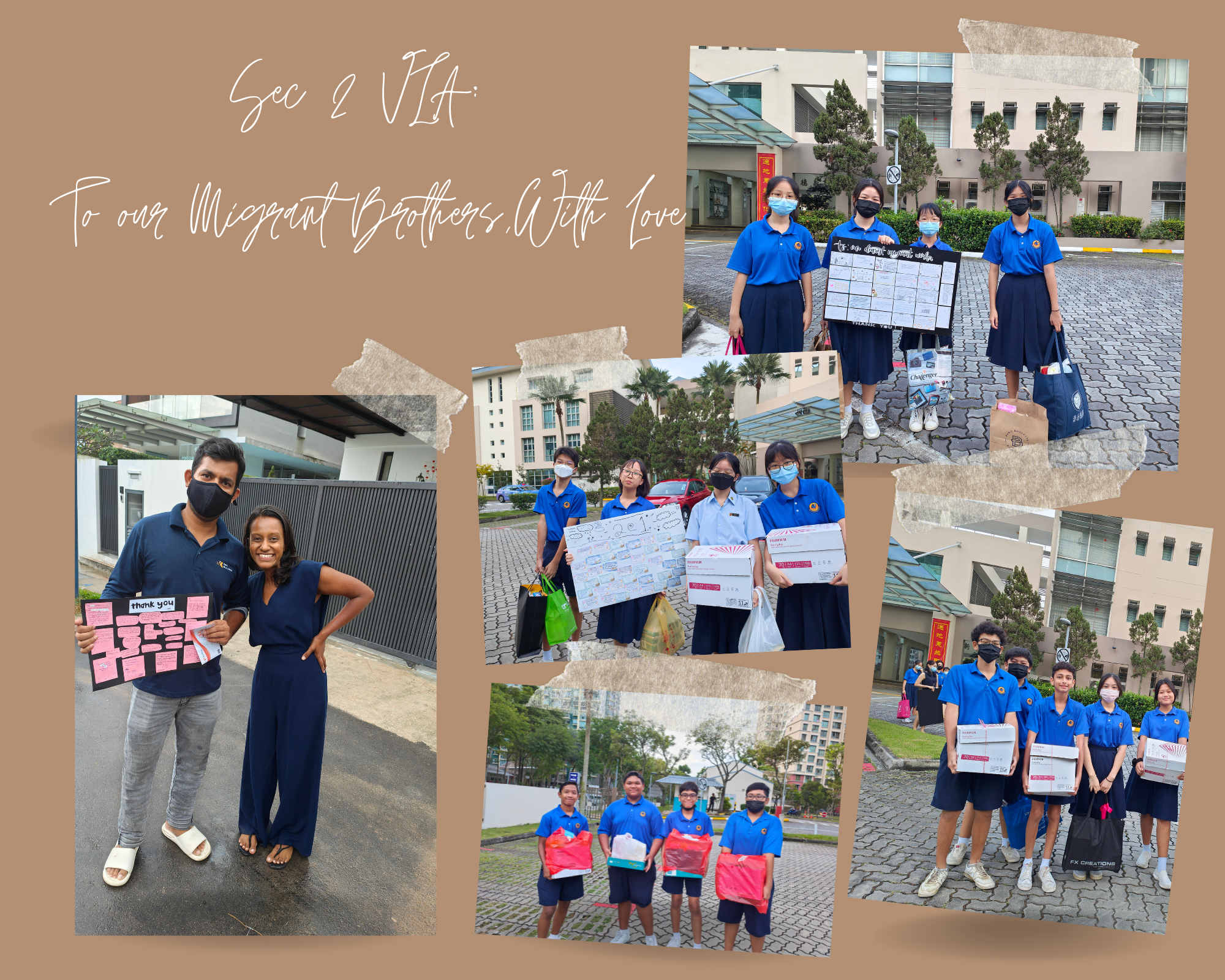 Collage with handwritten text and students holding posters and boxes, posing in school