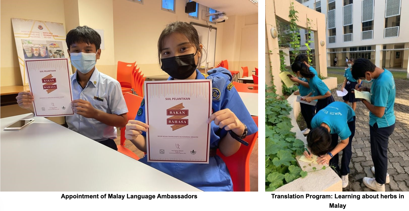 NV students hold Rakan Bahasa certificates indoors; right photo shows students writing notes outdoors near plants.