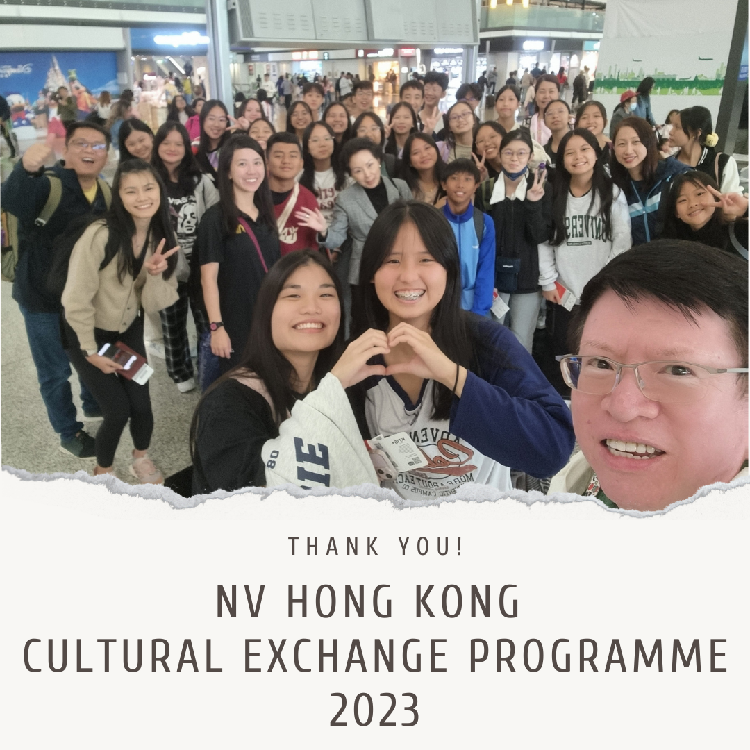 Large group of smiling students posing at an airport for the NV Hong Kong Cultural Exchange Programme 2023.