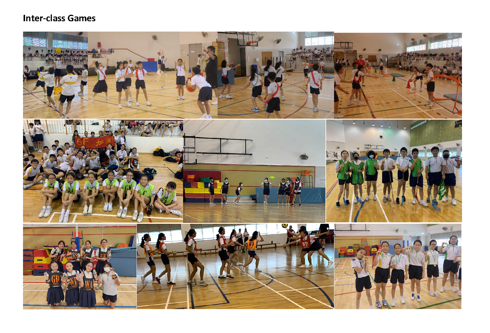 Students in school uniforms participate in various inter-class sports games inside a gymnasium.