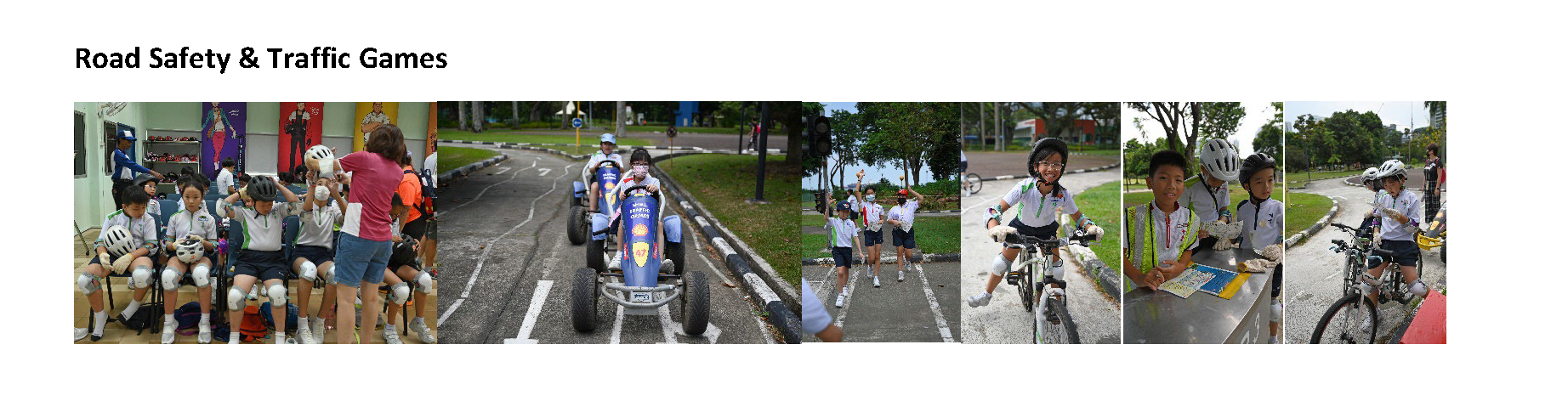 Children participating in Road Safety and Traffic Games, wearing helmets, riding go-karts and bicycles on a track.