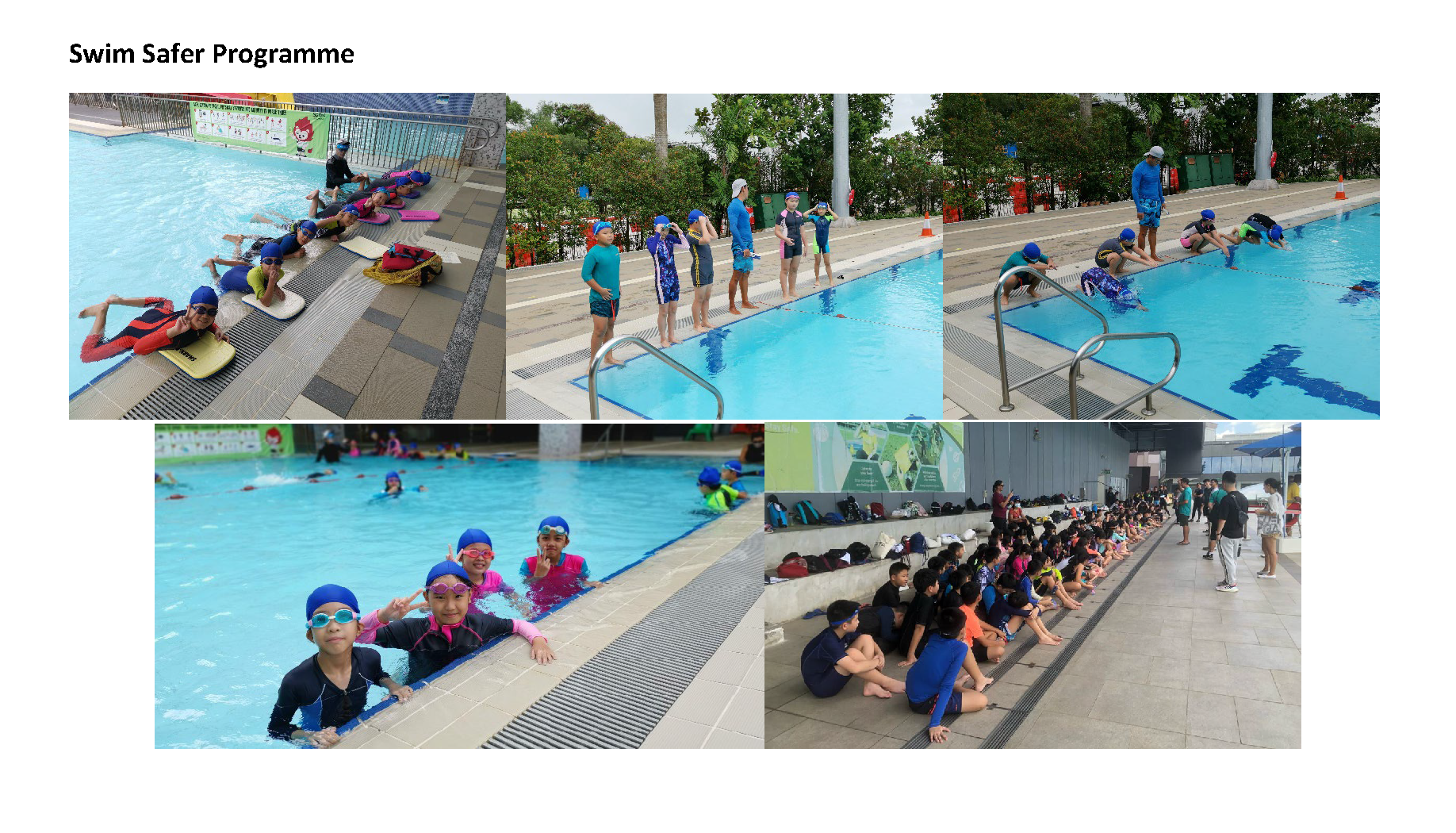 Five photos of children in swim caps and goggles at an outdoor pool during a Swim Safer Programme lesson.