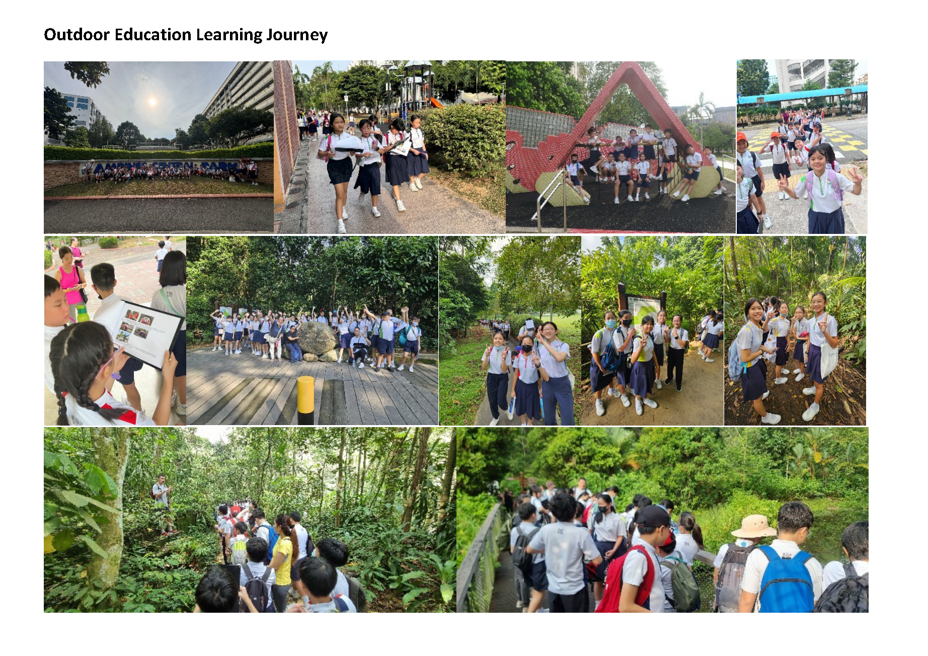 A collage of students in school uniforms exploring parks, nature trails, and outdoor areas during a learning journey.
