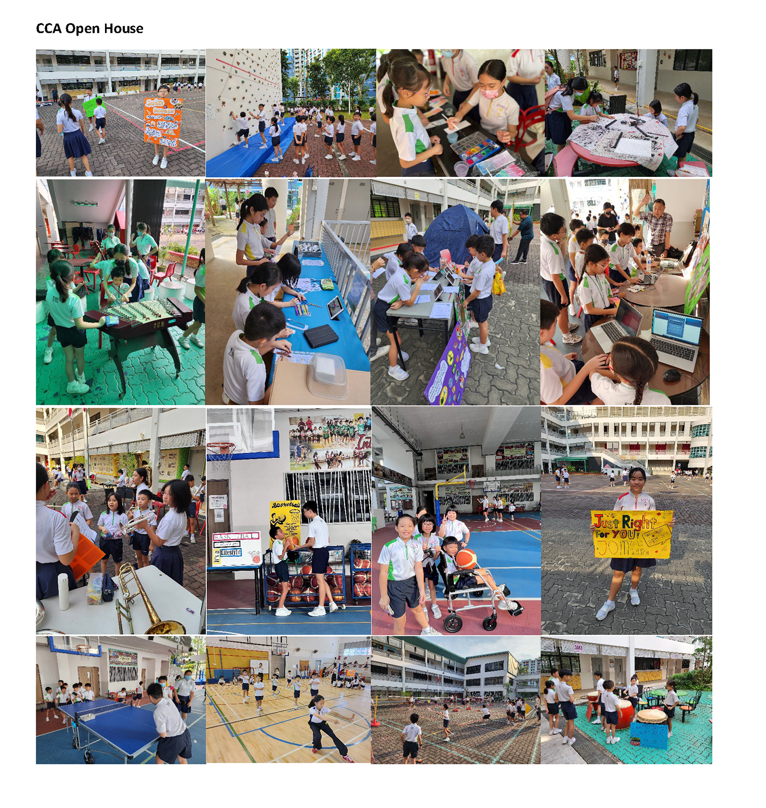 Collage of school students participating in various CCA Open House activities including sports, arts, and technology displays.