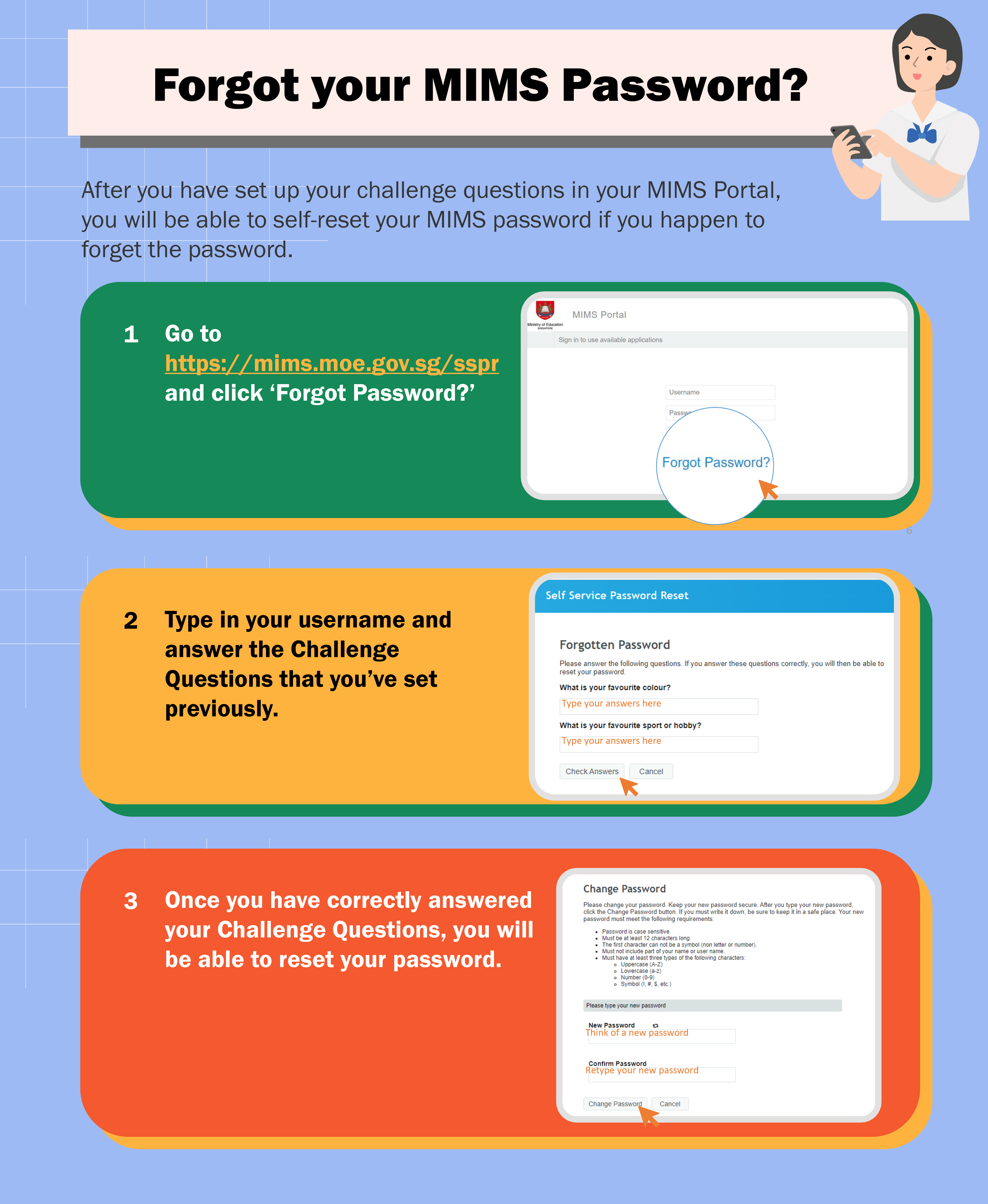 Three-step guide for resetting a forgotten MIMS password using challenge questions on the MIMS Portal.