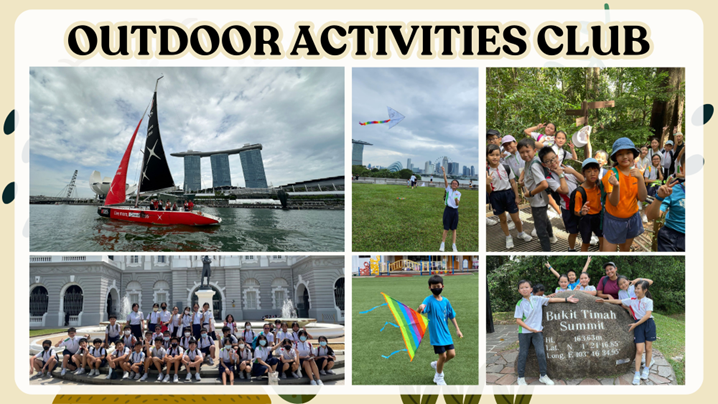 Collage of school children doing outdoor activities including sailing, kite flying, and visiting Bukit Timah Summit.