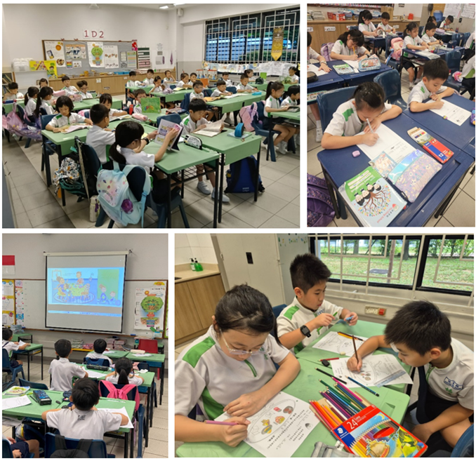Four classroom scenes showing young students in uniforms reading, drawing, and watching a projected presentation.