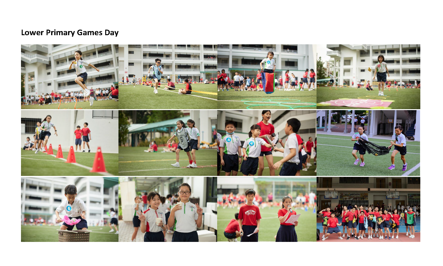 Collage of young school children participating in outdoor Lower Primary Games Day activities on a field.