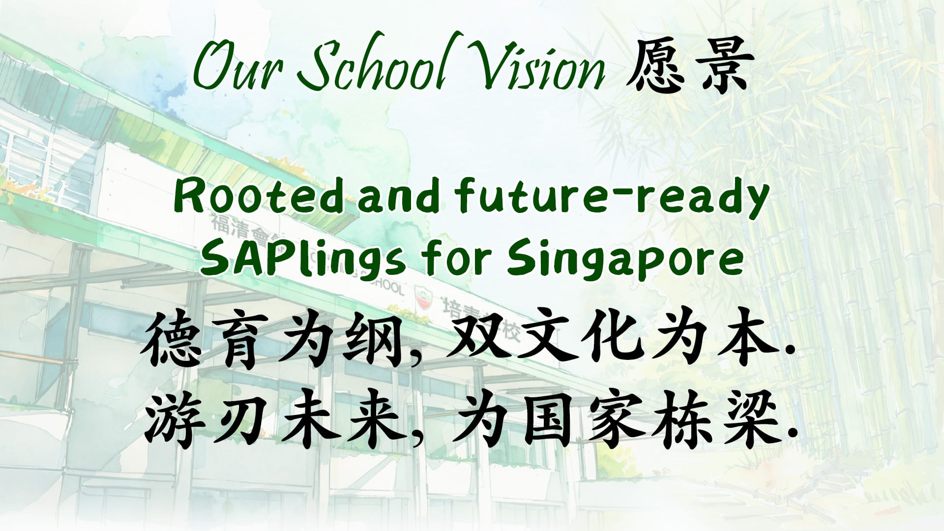 School vision slide with text in English and Chinese over a watercolor school building background.