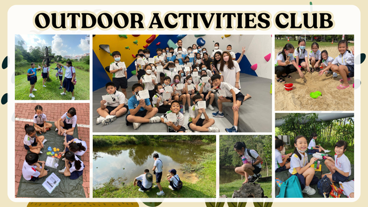 Collage of children doing outdoor activities including climbing, playing in sand, and exploring near a pond.