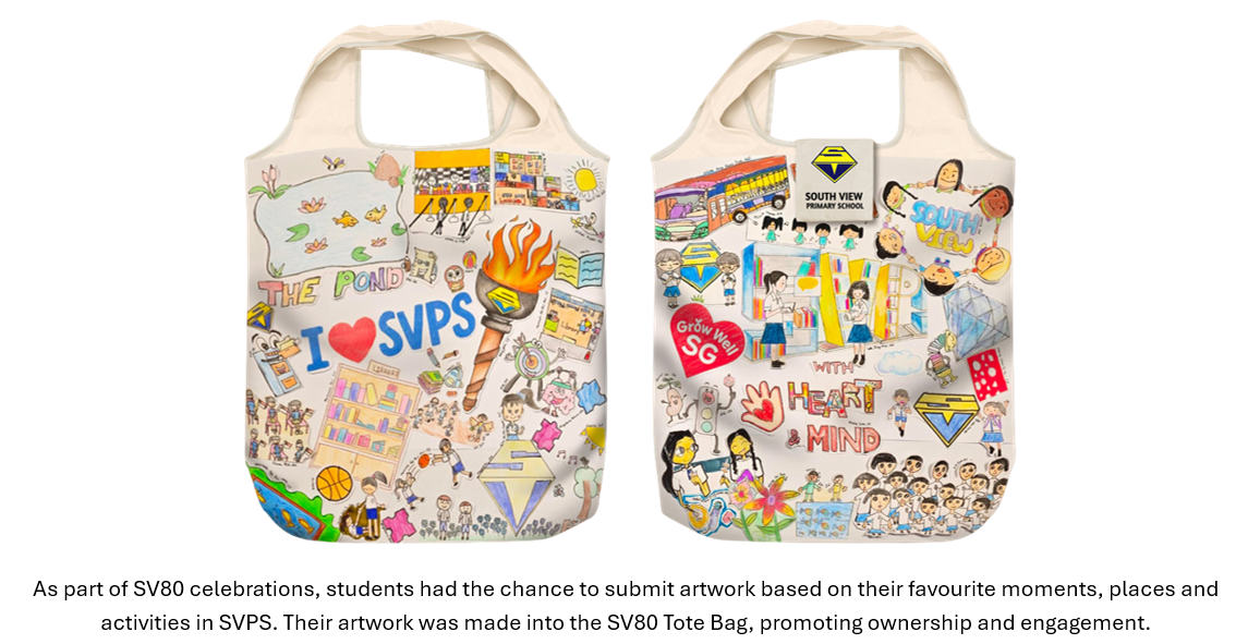 Two tote bags covered in colorful student drawings celebrating South View Primary School, showing both front and back sides.