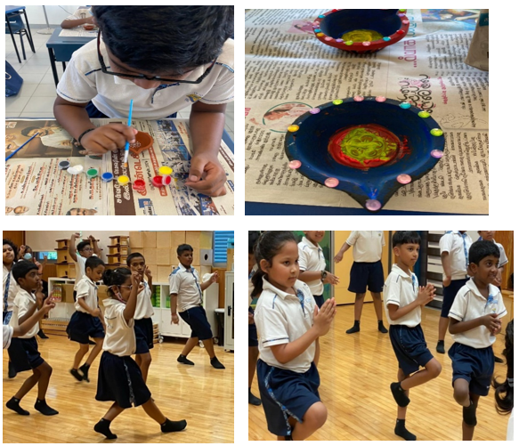 A collage of photos show students painting clay lamps and children practicing dance moves