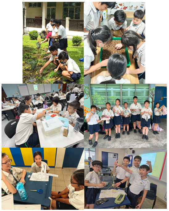 Six photos of uniformed school children doing hands-on science activities indoors and outdoors.