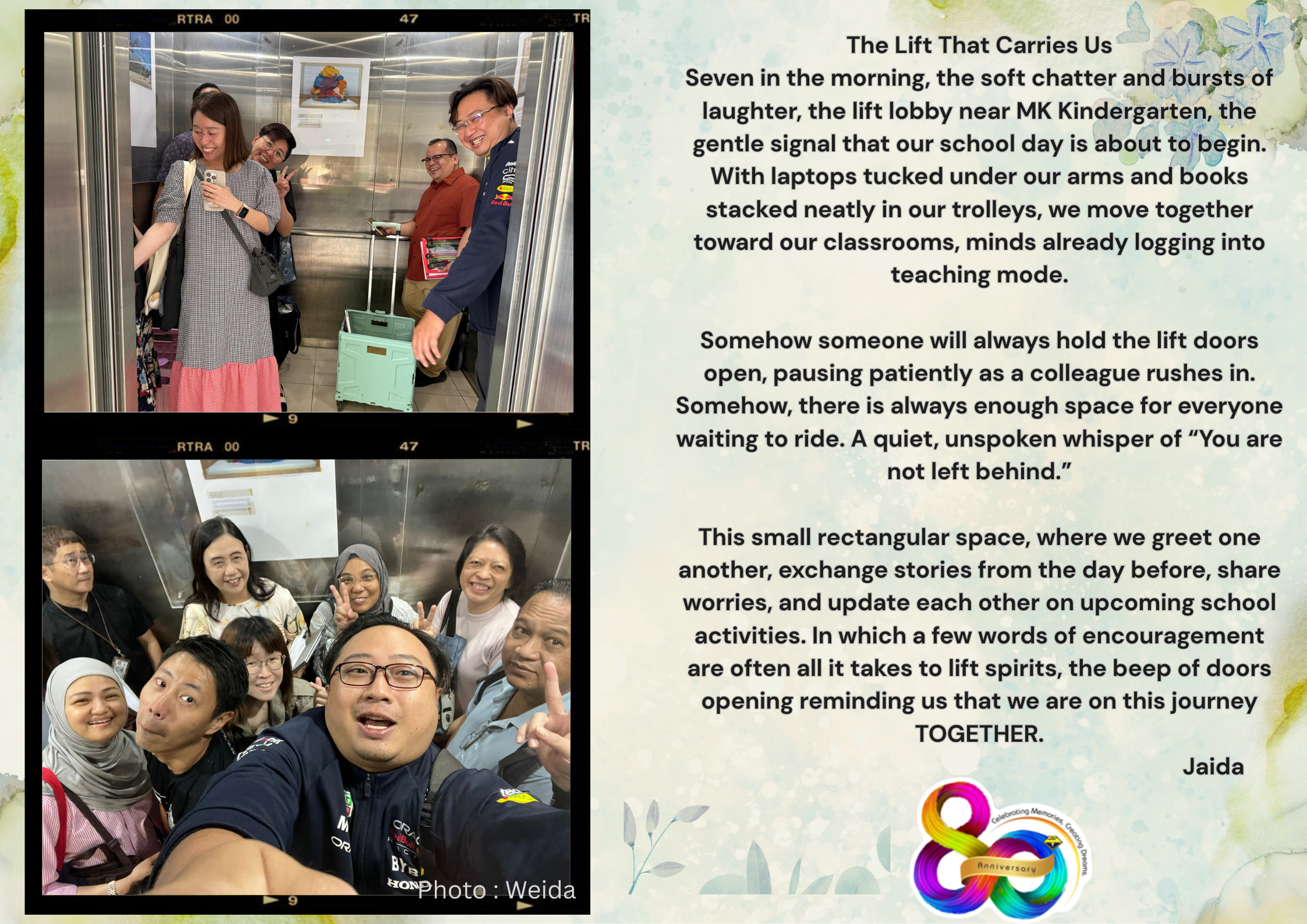 Collage of school staff smiling together in a lift, accompanied by the story "The Lift That Carries Us", celebrating everyday kindness, connection, and teamwork.