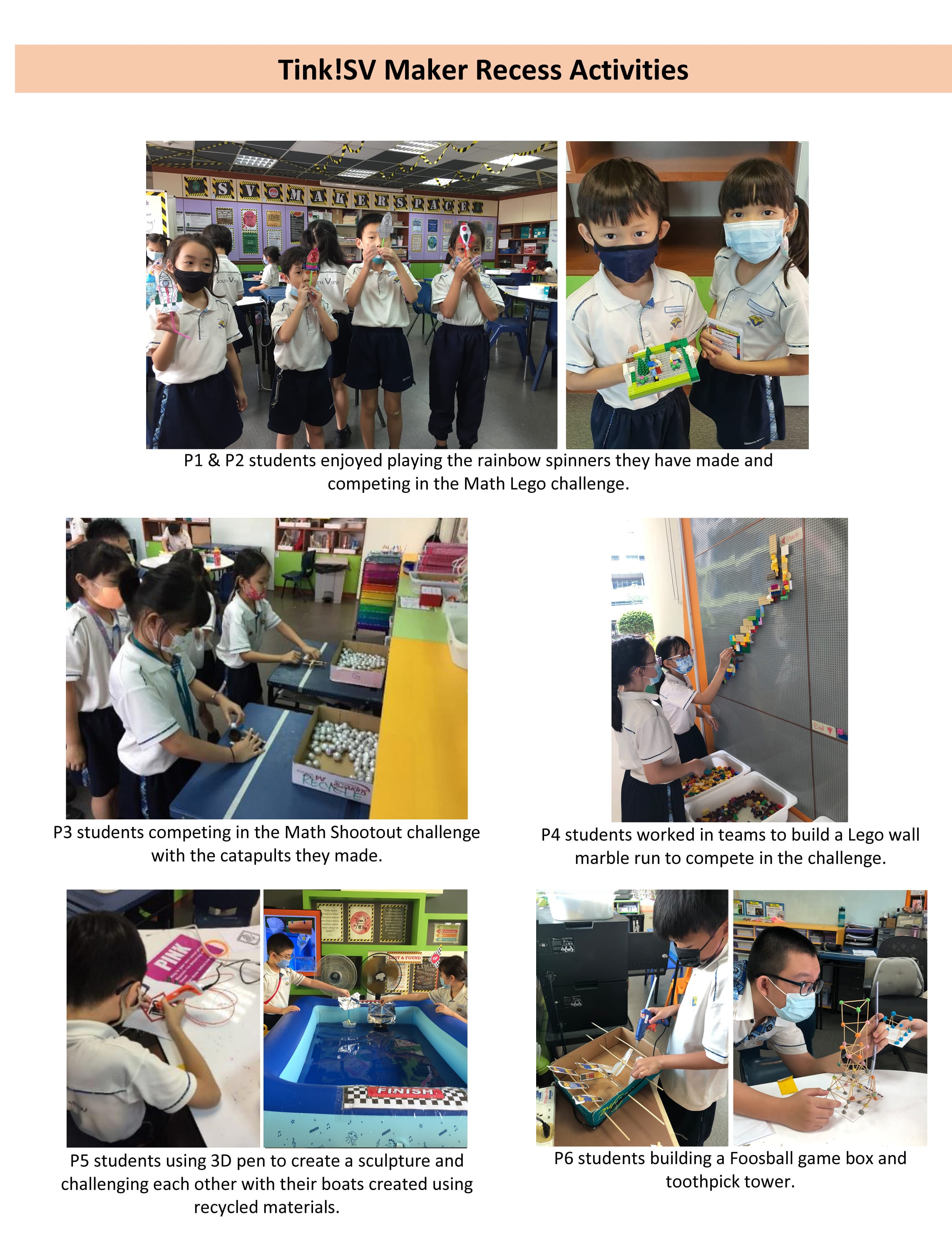 Students in school uniforms and masks doing maker activities like Lego, catapults, 3D pens, and toothpick towers.