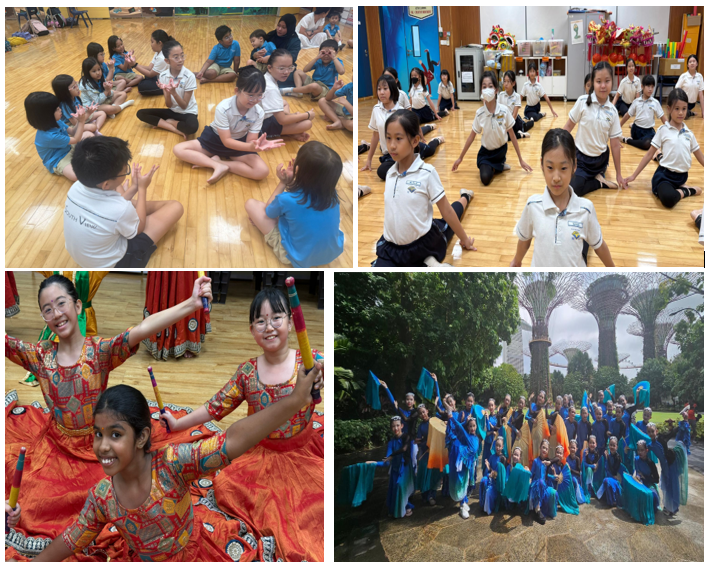 Four scenes of children in cultural activities: circle games, dance practice, colorful costumes, and group photo outdoors.
