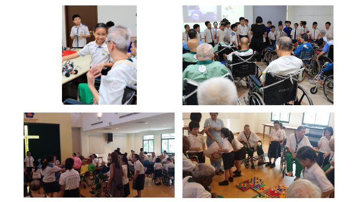 Four photos showing schoolchildren interacting and doing activities with elderly people in wheelchairs indoors.