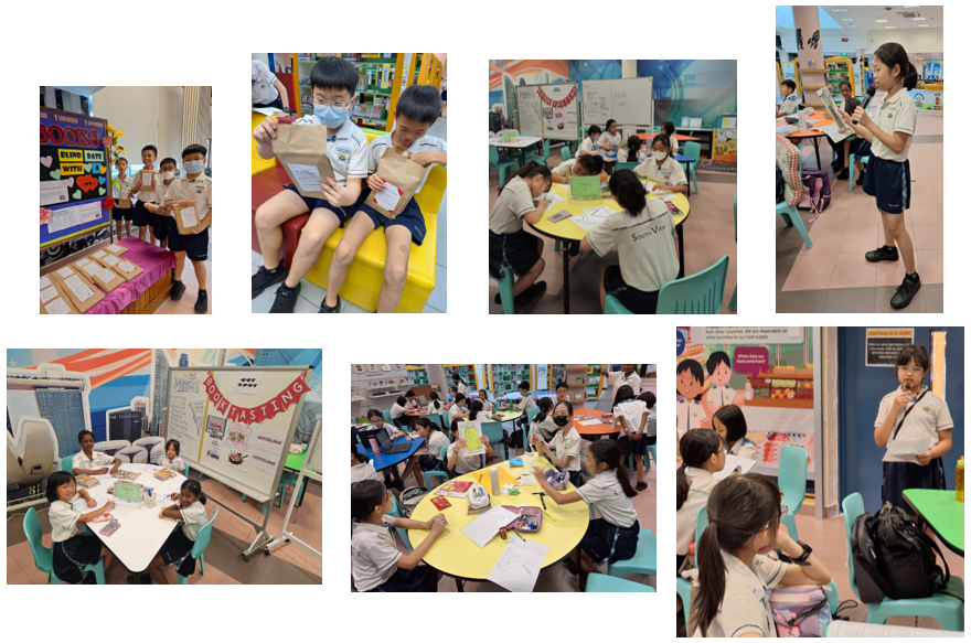 Seven photos of young students in uniforms reading, discussing books, and participating in a school book-tasting activity.
