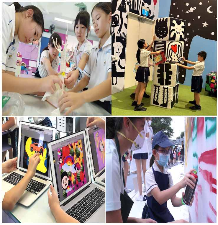 Four scenes of children doing art activities: crafting, decorating boxes, digital design on laptops, and spray painting a mural.