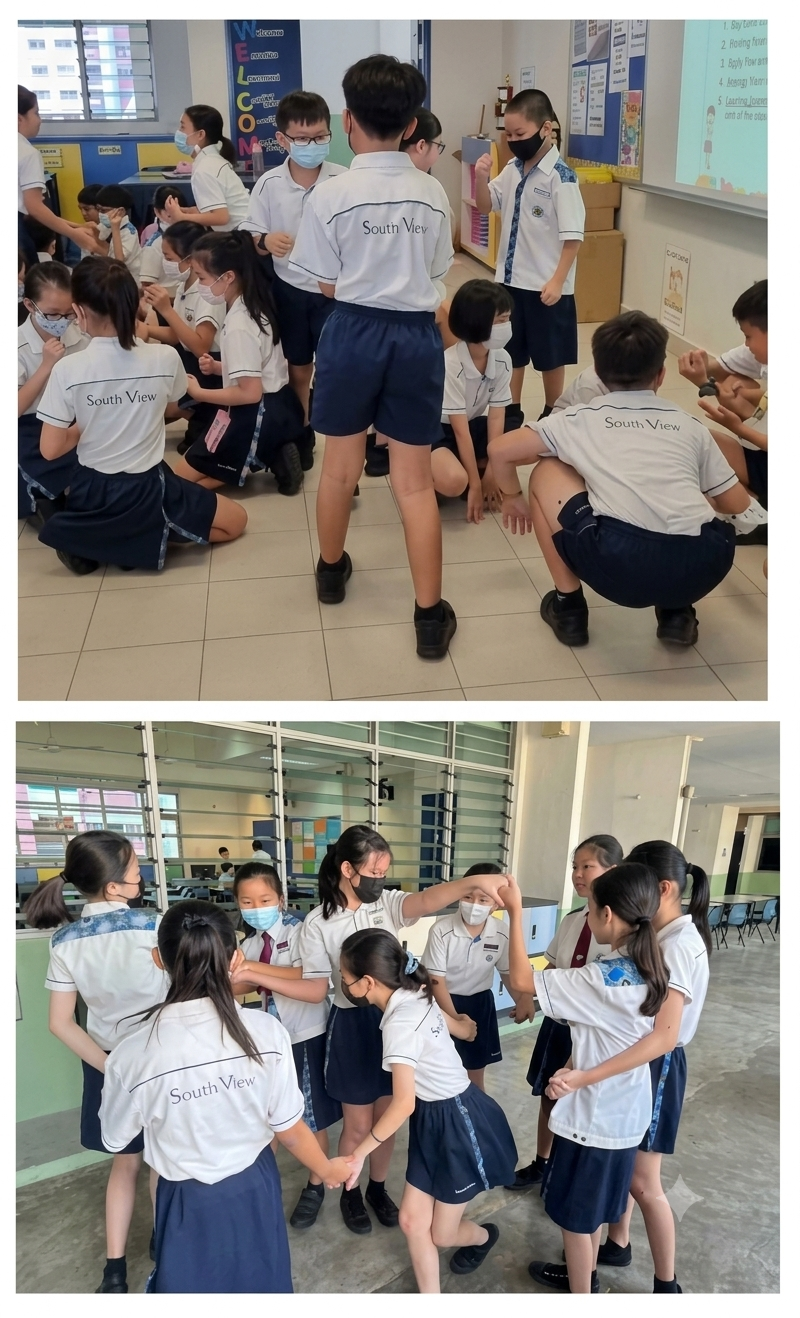 Students in school uniforms and masks doing group activities indoors.