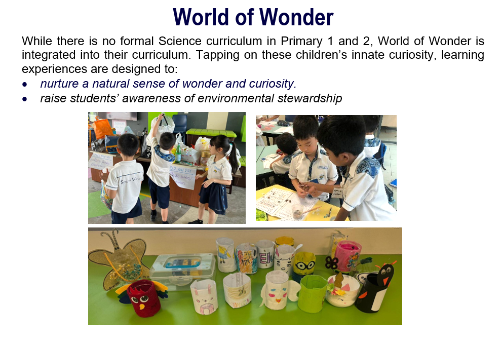 Slide titled World of Wonder with text and photos of children crafting and decorated recycled containers on a table.