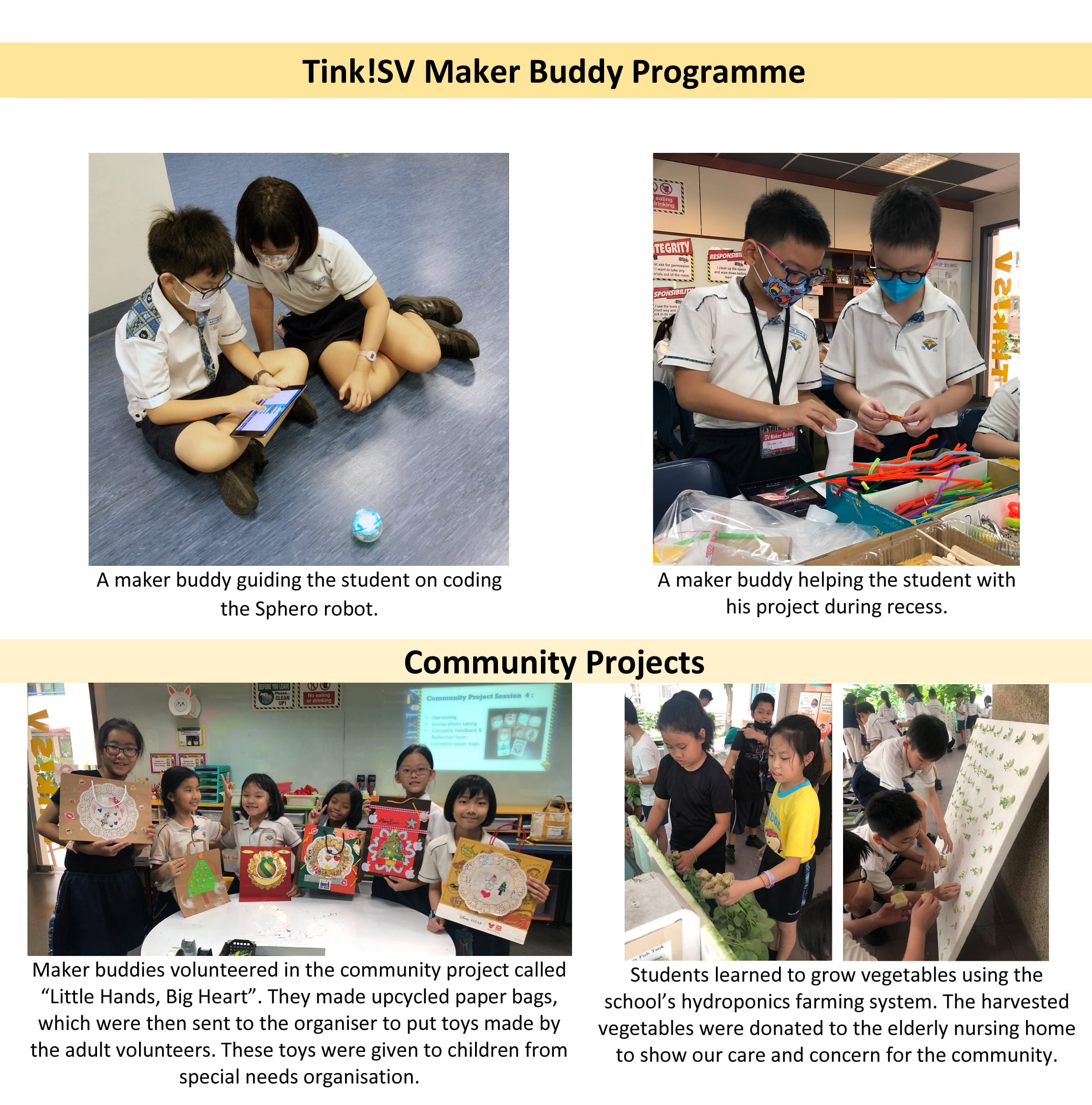Flyer showing students coding a Sphero robot, crafting projects, making paper bags, and growing vegetables hydroponically.